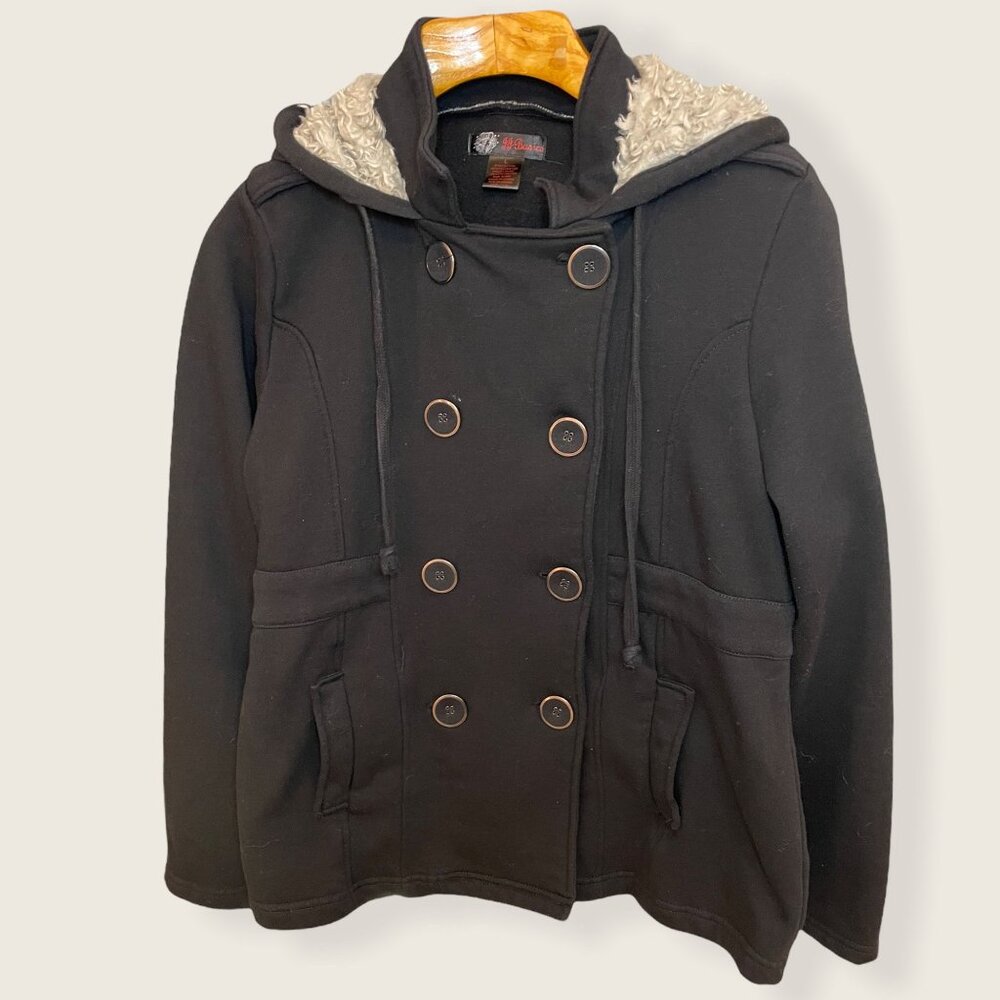 J.J. Basics Black Hooded Cotton Blend Pea-coat Style Jacket Sz L - Picture 1 of 7
